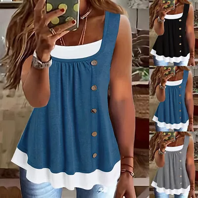 Buy Plus Size Womens Button Pleated Tank Tops Ladies Summer Sleeveless Vest T Shirt • 3.59£