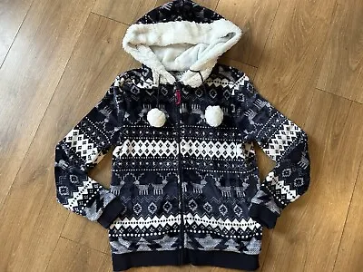 Buy Sherpa Fleece Christmas Fairisle Full Zip Hoodie Jumper Size 6-8 • 5.25£