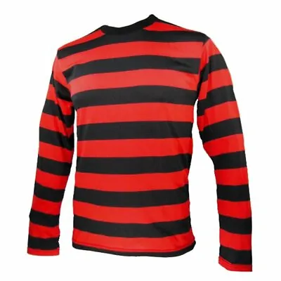 Buy Unisex Red & Black Stripe T-Shirt Full Sleeve Top Fashion Fancy Dress Outfit UK • 8.99£