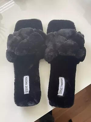 Buy NWOT STEVE MADDEN Dream Black Faux Fur Slipper Slide Womens Size 10 • 13.38£