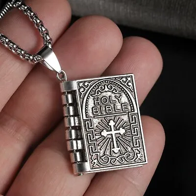 Buy Vintage Silver Cross Bible Book Pendant Necklace Unique Jewelry For Men Women • 5.99£