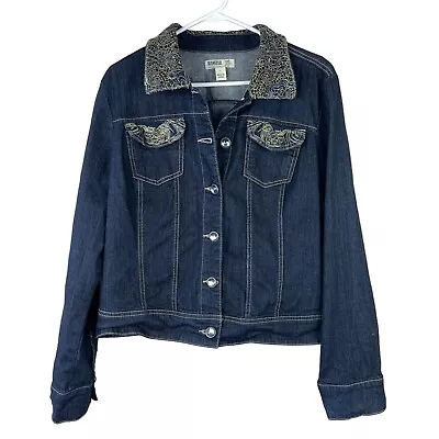 Buy Jeanstar Ramie Blend Embroidered Jean Jacket Womens Sz L Blue Button Up Pockets • 30.35£