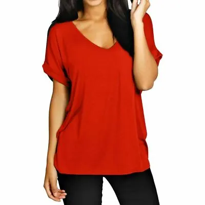 Buy Womens T Shirt Ladies Oversized Baggy Turn Up Batwing Loose V Neck Plus Size Top • 6.99£