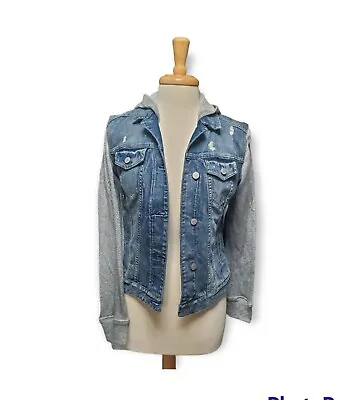 Buy EXPRESS JEANS Women’s Distressed Jean Jacket With Grey Hoodie Sleeves Size XS • 23.62£
