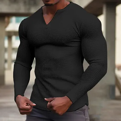 Buy Mens Waffle Ribbed T Shirt Tops Grandad Muscle Slim Fit Long Sleeve Casual Shirt • 12.39£