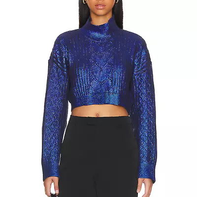 Buy NBD Metallic Painted Heart Cable Cropped Turtleneck Sweater XS Deep Blue NEW • 136.81£