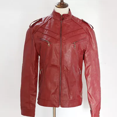 Buy Red Wine And Black Jacket Men's Slim Fit Biker Motorcycler New PU Leather Jacket • 35.90£