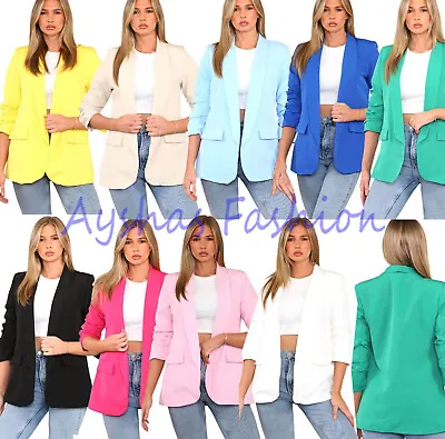 Buy Womens Ruched Sleeve Fully Lined Blazer Collared Casual Ladies Formal Jacket Top • 21.98£