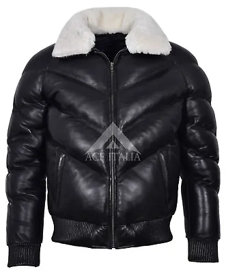 Buy ACE Men's Puffer Black Real Leather Jacket White Sheep Fur Collar Winter Warm • 159.66£