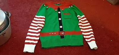 Buy Elf Christmas Jumper Green With Jingle Bells Peacocks Mens Size Small • 5.99£