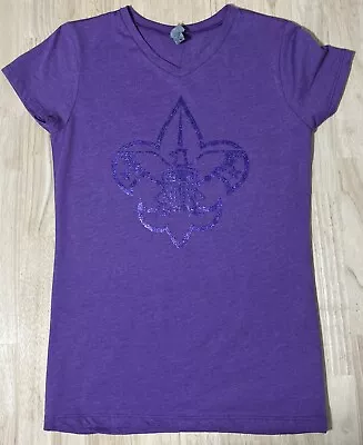 Buy (Youth XL) BOY SCOUTS OF AMERICA Symbol Logo V-NECK Shirt Purple GLITTER Tee • 16.08£