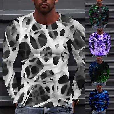 Buy Mens Casual Fashion Tops 3D Print Compression Tshirt Long Sleeve Slim Fit • 12.06£