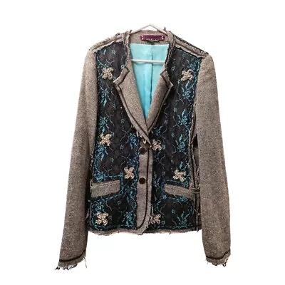 Buy SPY ZONE EXCHANGE Ladies Tweed Gray Blazer Rhinestone Lace Overlay Size L CG Y01 • 8.99£