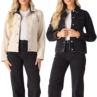 Buy Womens Reversible Denim Jacket Black Ladies Long Sleeve 2 In 1 Coat Beige UK • 32.99£
