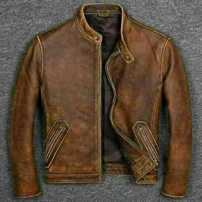 Buy Motorcycle Vintage Tan Brown Biker Distress Mens Bomber Real Leather Jacket • 23.44£
