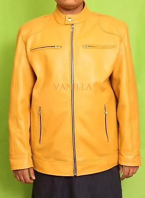 Buy Men's Vintage Cafe Racer  Jacket Genuine Leather Yellow Biker Slim Fit Jacket • 94.50£
