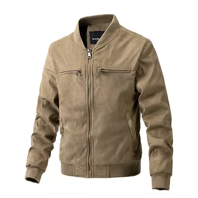 Buy Mens Smart Casual Suede Leather Jacket Fashion Bomber Retro Collar Coat Size • 26.97£