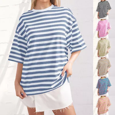 Buy Womens Round Neck Half Sleeve Striped T Shirts Ladies Summer Loose Blouses Tops • 12.49£