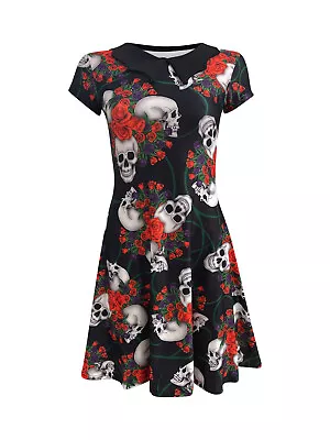 Buy Gothic Floral Skulls Roses Skull Print Rockabilly Collar Swing Dress Punk Emo • 29.99£