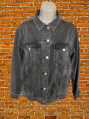 Buy Womens Topshop Moto Uk 10 Plain Black Casual Denim Jean Jacket Coat Thick Cotton • 14.99£