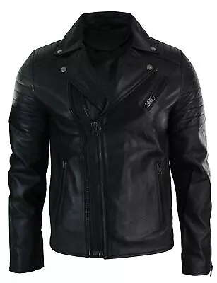 Buy Mens Slim Fit Cross Zip Retro Vintage Brando Real Leather Jacket Vintage Biker • 137.49£