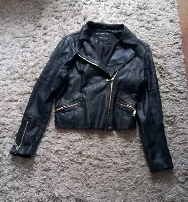 Buy Black Faux Leather River Island Biker/Rock Jacket Size 12 Gold Zips • 2.49£