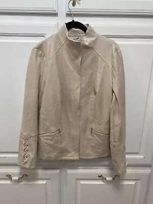 Buy Chico’s Faux Leather Hidden Zipper Lace Up Sleeve Cream Jacket Size Small • 54.81£