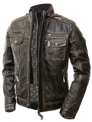 Buy Mens Abraci Biker Vintage Cafe Racer Distressed Brown Real Leather Jacket • 82.33£