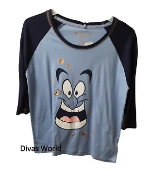 Buy Disney Women's T-Shirt Aladdin Genie Girls Blue Top 3/4th Sleeve Novelty Tees • 15.73£