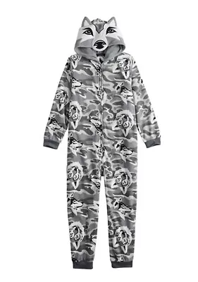Buy NWT Gray Wolf One Piece Jumpsuit Hooded Zip Up Pajamas Costume Boys Size 4/5 • 20.54£