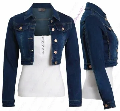Buy Womens Size 14 12 10 8 6 Stretch Fitted Denim Jacket Jean Crop Jackets Indigo • 26.95£