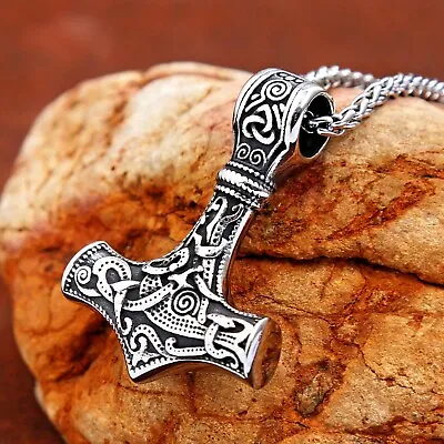 Buy Viking Norse Thors Hammer Mjolnir Men's Necklace Stainless Steel Silver Pendant • 7.95£