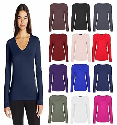 Buy New Womens Plain Long Sleeve Casual Jersey Stretchy V Neck Basic T-Shirt Tee Top • 5.99£