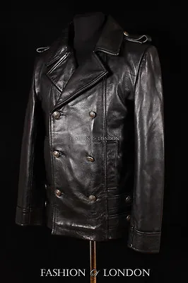 Buy Men's SAILOR GERMAN Jacket Black ANILINE Cowhide Kriegsmarine Leather Pea Coat • 106.92£