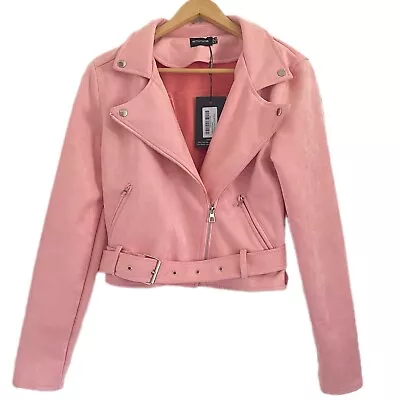 Buy Womens Pink Faux Suede Biker Jacket Cropped Belted Zip Pockets Stylish PLT UK 10 • 30£