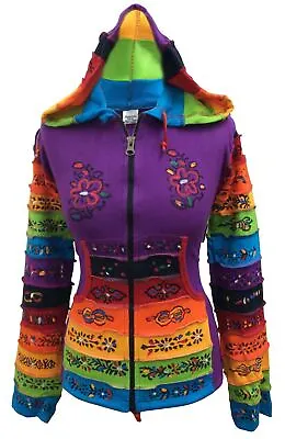 Buy Women Rainbow Sleeved Flower Patch Hippie Hoodie Pixie Festival Jacket • 29.99£