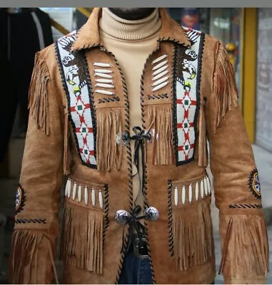 Buy New Men's Native American Eagle Beads Suede Leather Jacket Fringes Bones • 86.64£