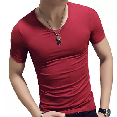 Buy Men's V Neck T Shirt Short Sleeve Slim Fit Gym Tight Tops Casual Plain Tee Top • 8.03£