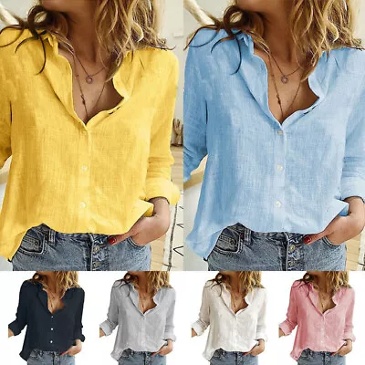 Buy Womens Plain Blouse Casual T-Shirt Cotton Linen Ladies Baggy Long Sleeve Tops • 8.66£