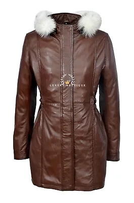 Buy Juliet Brown Ladies Casual Fur Hooded Lambskin Leather Jacket Trench Coat • 119.99£
