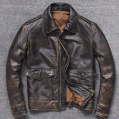 Buy Mens Vintage A2 Bomber AIR Force Style Distressed Brown Real Leather Jacket • 79.99£