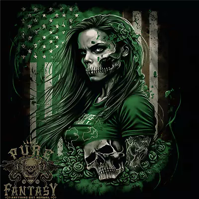 Buy Green Zombie Woman USA Flag St Patricks Day Mens T-Shirt 100% Cotton • 10.75£