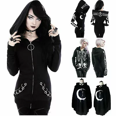Buy Ladies Gothic Punk Hoodie Hooded Jacket Long Sleeve Zip Up Sweatshirt Outwear • 21.09£