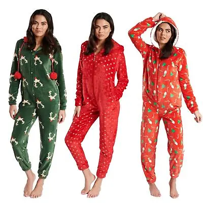 Buy Ladies Christmas Fleece All In One Adult Womens Jumpsuit Xmas Pyjamas Size 8-22 • 24.95£