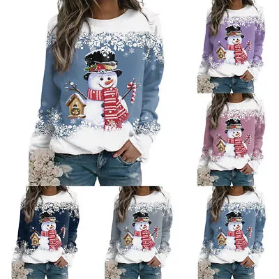 Buy Womens Snowman Print Long Sleeve Crew Neck Sweatshirt Christmas Pullover Tops • 16.89£