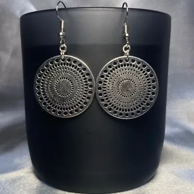 Buy Handmade Silver Boho Circle Pattern Earrings Gothic Gift Jewellery • 4.50£