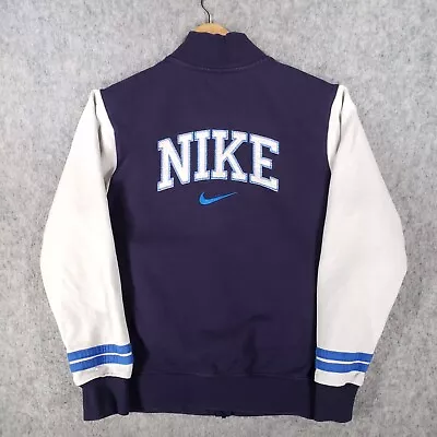 Buy Nike Jacket Mens Small Blue White Big Swoosh Spell Out Logo Varsity Sports USA • 24.95£