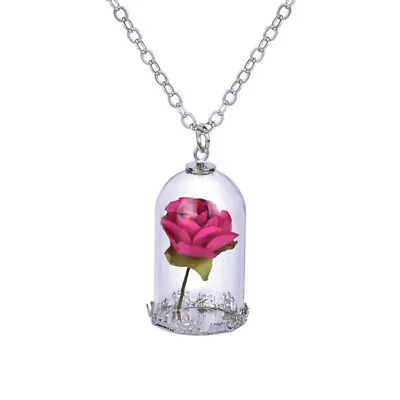 Buy Rose Pendant Necklace Jewelry Ring Enchanted Red Rose Flower Dome Bronze Chain • 4.99£