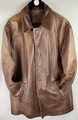 Buy Reiss London Vintage Leather Jacket UK XL Heavy Lined Y2K Button Up Brown Coat • 159.99£