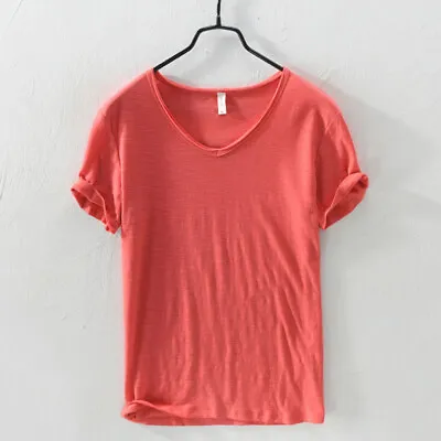 Buy Men Cotton Shirt Basic V-Neck Tee Short Sleeve Summer Tops Casual Breathable • 13.50£